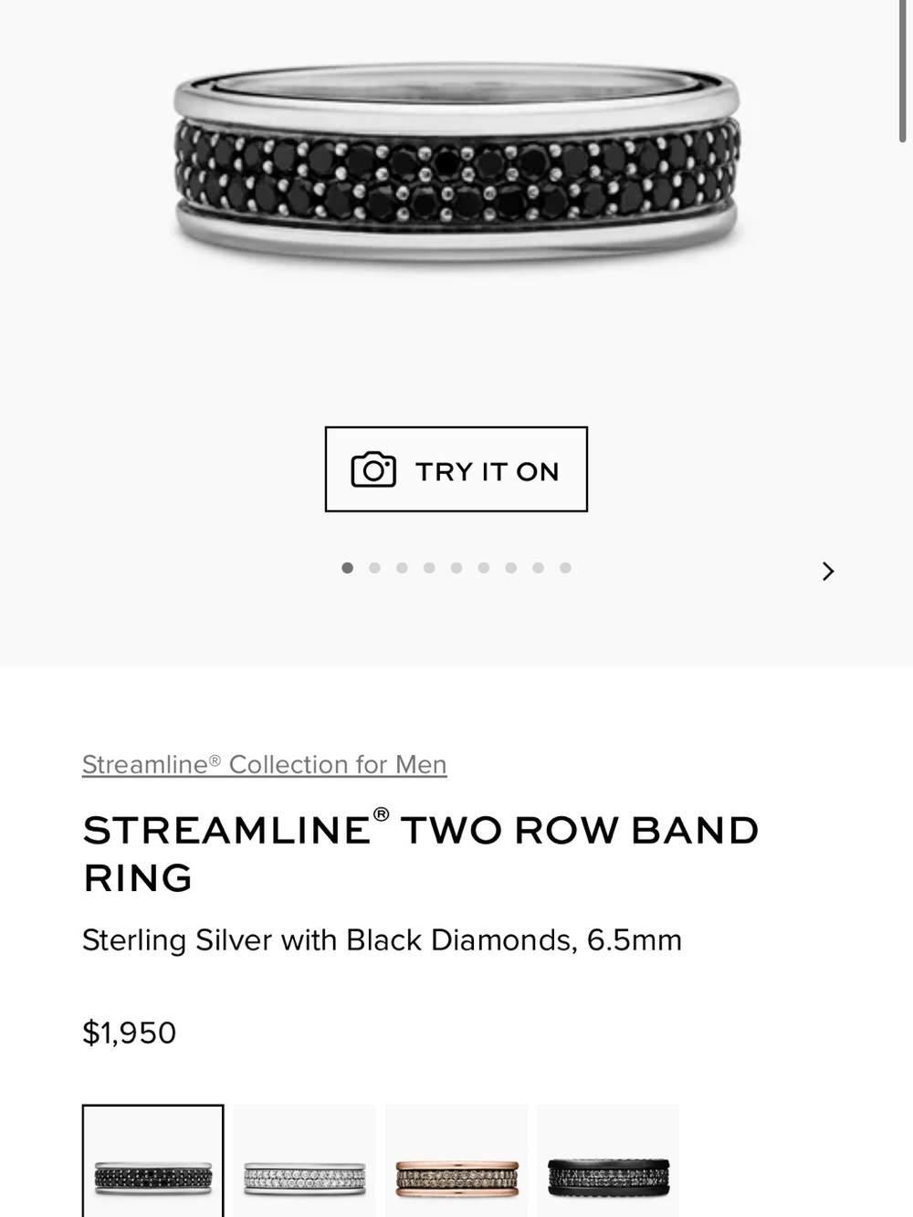 David Yurman Streamline Two Row Band Silver with black diamonds SZ 11